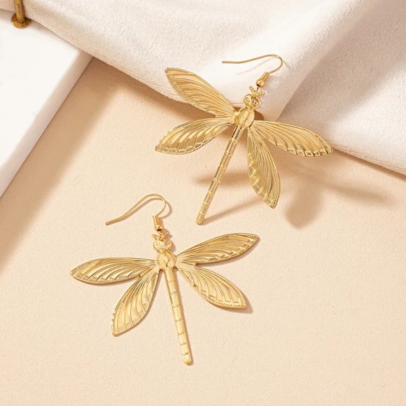 14K Gold Plated Dragonfly Boho Dangle Earrings NEW - Picture 2 of 6